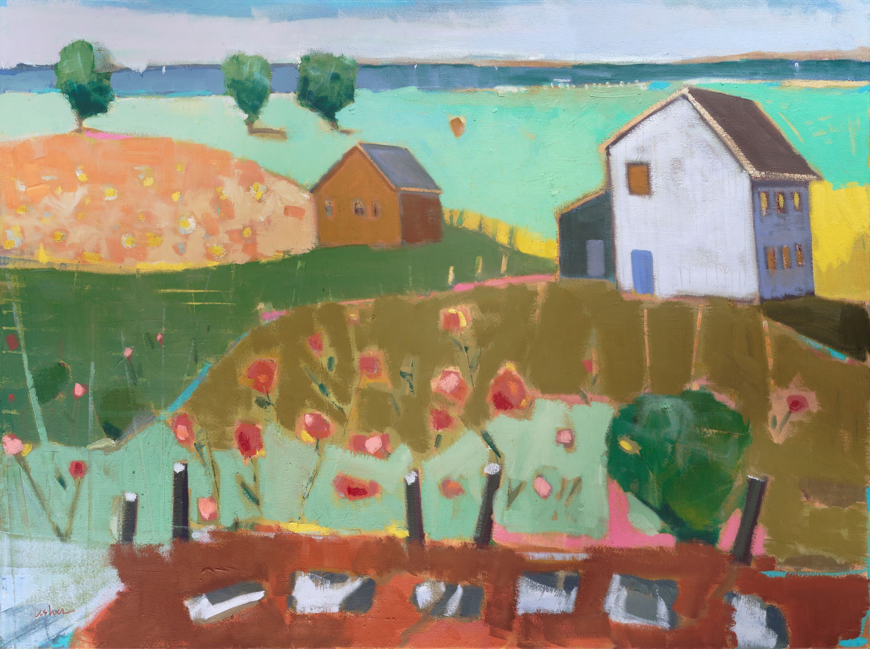 Rectangular 8x10 print sold with off-white matting for a 11x14 finish. Two dimensional print of countryside summer portrait painting. Done by Pennsylvania contemporary female artist, Carol Lesher. Come shop artwork by this representational artist.  