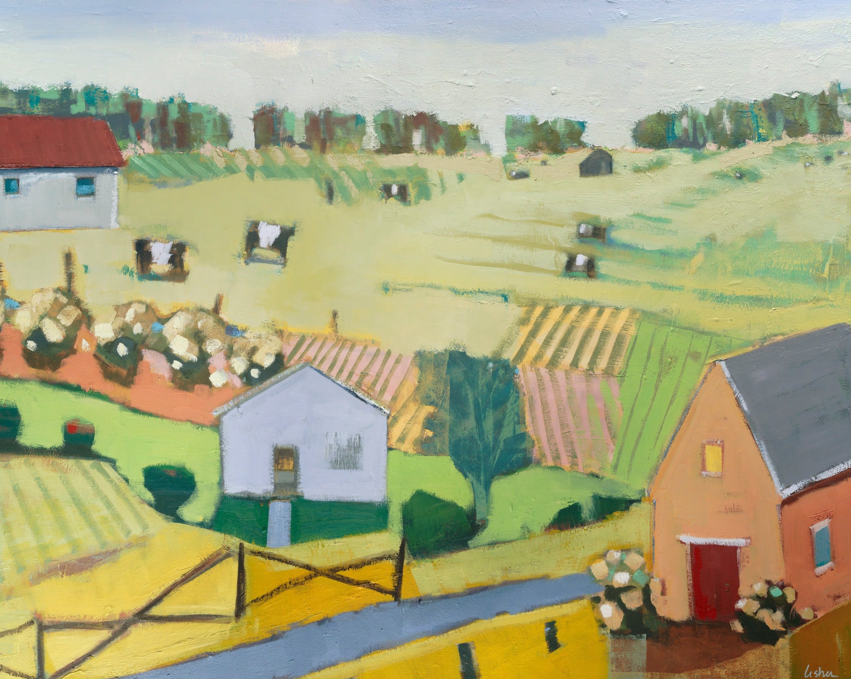 Rectangular 7x10 print sold with off-white matting for a 11x14 finish.  Two dimensional summer portrait painting of countryside featuring farmhouses and cows. Done by Pennsylvania contemporary female artist, Carol Lesher.