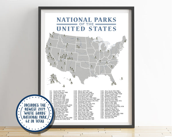 National Parks Map Checklist Poster Grey/Blue - 62 Parks