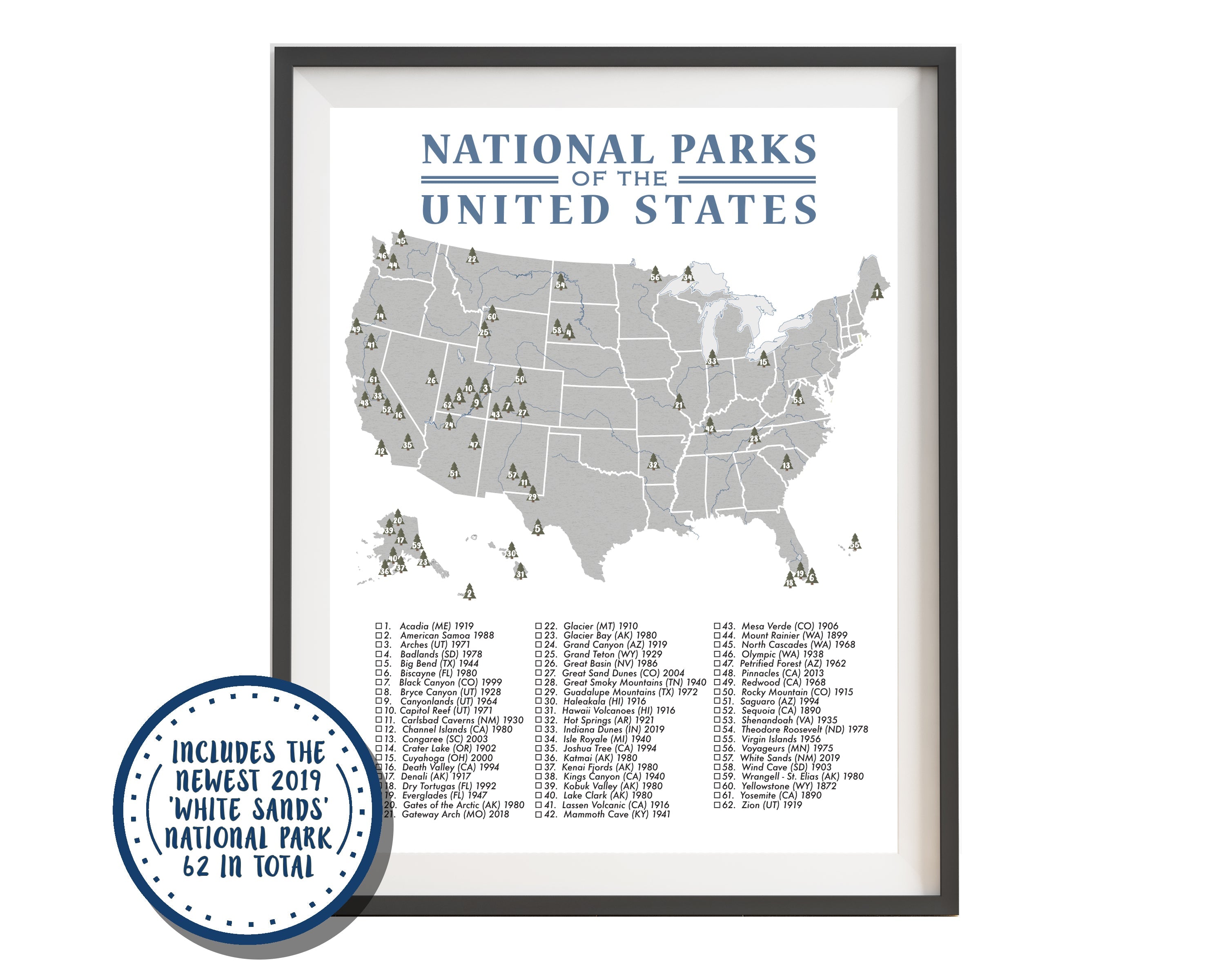 National Parks Map Checklist Poster Grey/Blue - 62 Parks