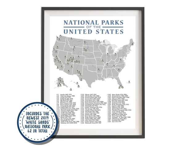 National Parks Map Checklist Poster Grey/Blue - 62 Parks