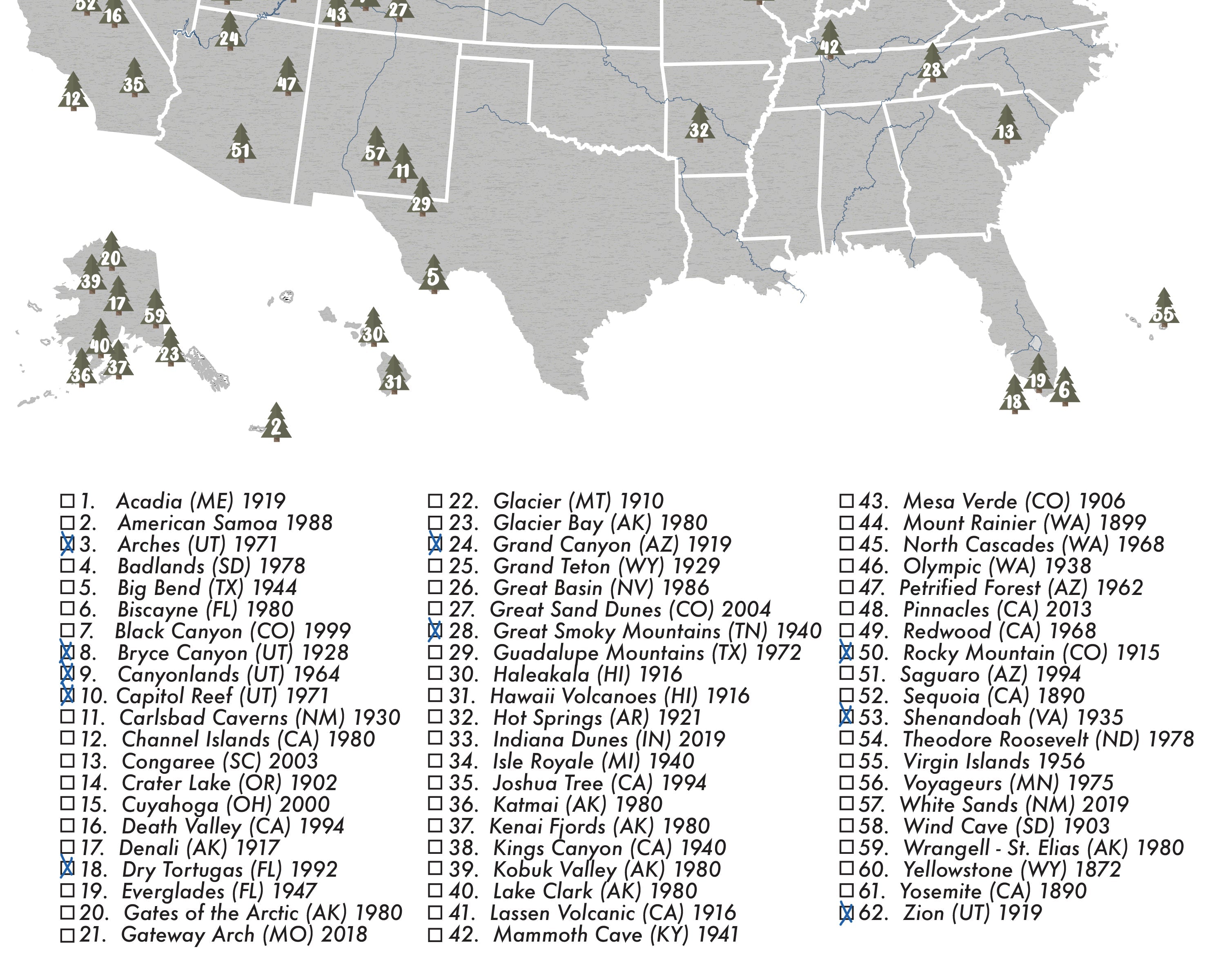 National Parks Map Checklist Poster Grey/Blue - 62 Parks