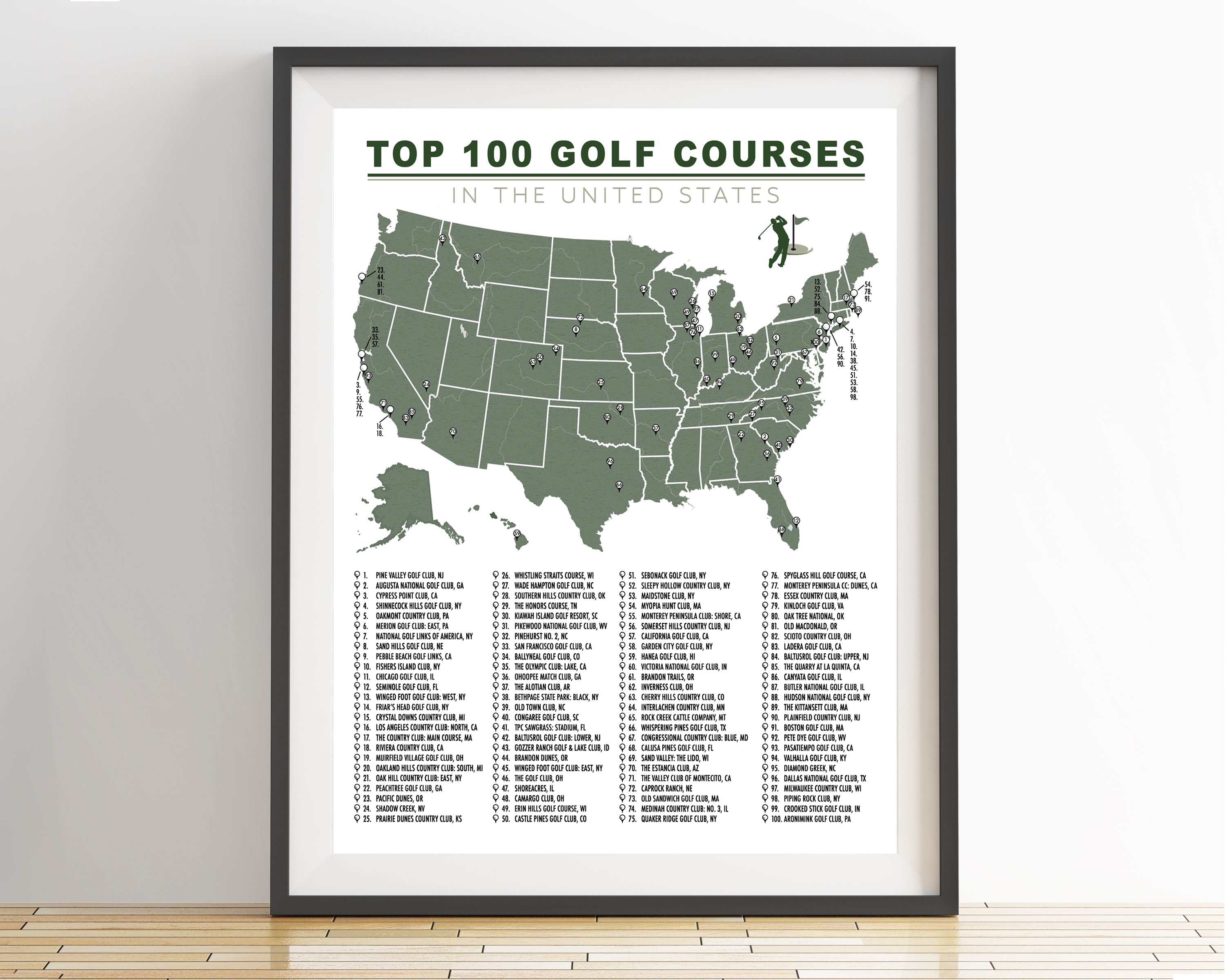 Golf Course Checklist Poster (Top 100 Golf Courses)