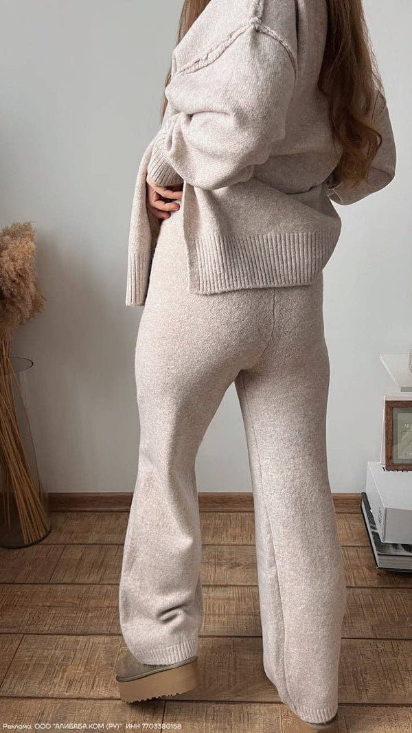 COZY NECK SIDE SLIT SWEATER & WIDE PANT SET