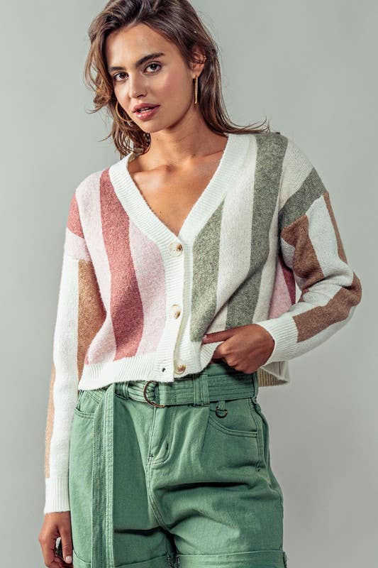 CLUSTER COLOR STRIPE CARDIGAN - PINK/SAGE