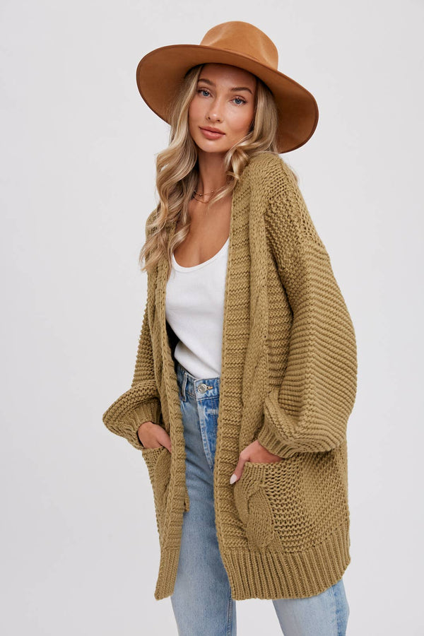 CHUNKY CABLE LANTERN SLEEVE CARDIGAN