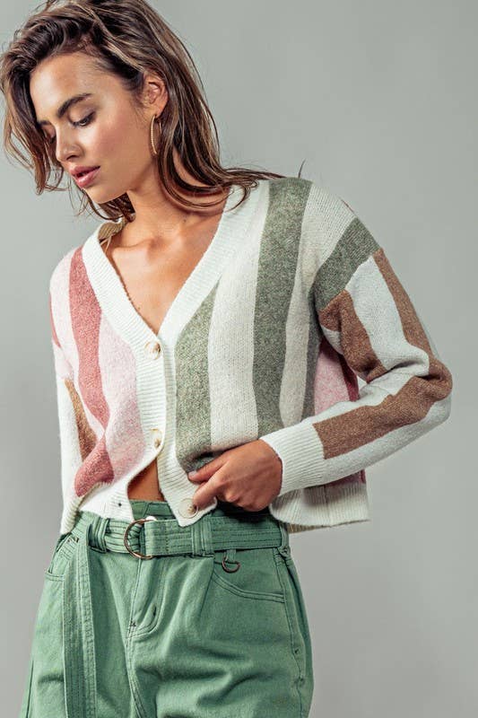 CLUSTER COLOR STRIPE CARDIGAN - PINK/SAGE