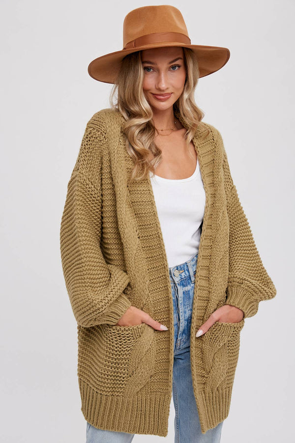 CHUNKY CABLE LANTERN SLEEVE CARDIGAN