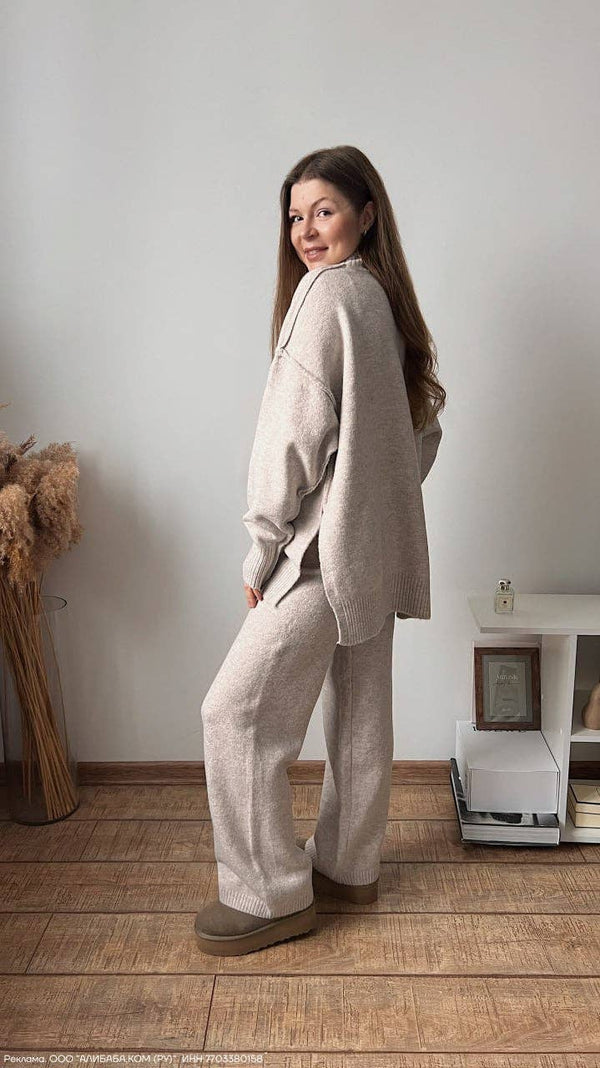 COZY NECK SIDE SLIT SWEATER & WIDE PANT SET