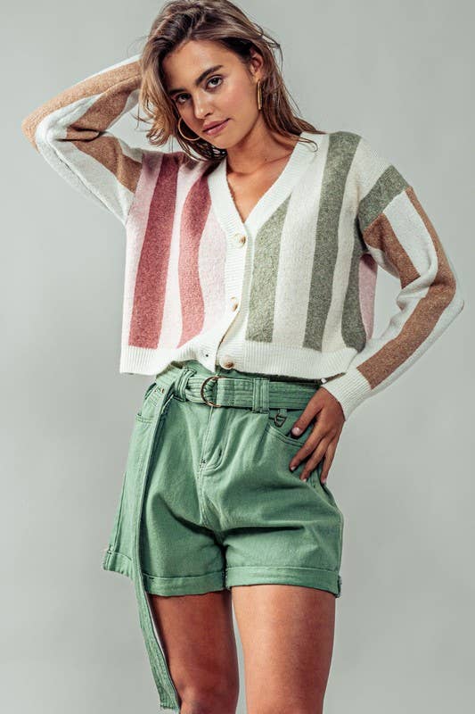 CLUSTER COLOR STRIPE CARDIGAN - PINK/SAGE