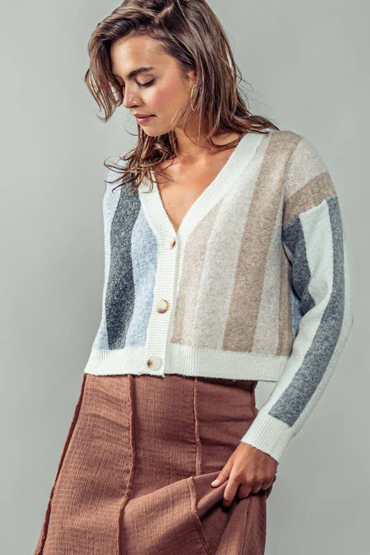 CLUSTER COLOR STRIPE CARDIGAN - GREY/TAUPE