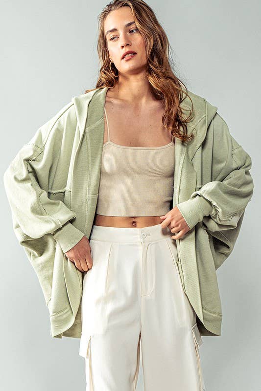 ORGANIC COTTON EXPOSED SEAM HOODED SHRUG JACKET