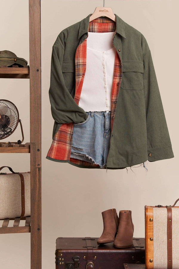 RUST/OLIVE REVERSIBLE CORDUROY AND PLAID SHIRT