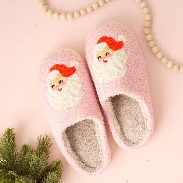 FUZZY PINK SANTA SLIPPERS