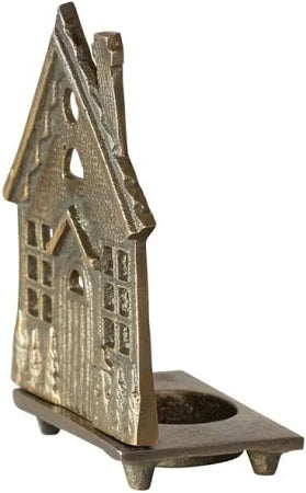 EMBOSSED CAST ALUMINUM HOUSE TEALIGHT HOLDER, ANTIQUE BRASS FINISH