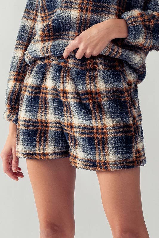 Cream, orange, navy plaid sherpa comfy lounge pajama shorts