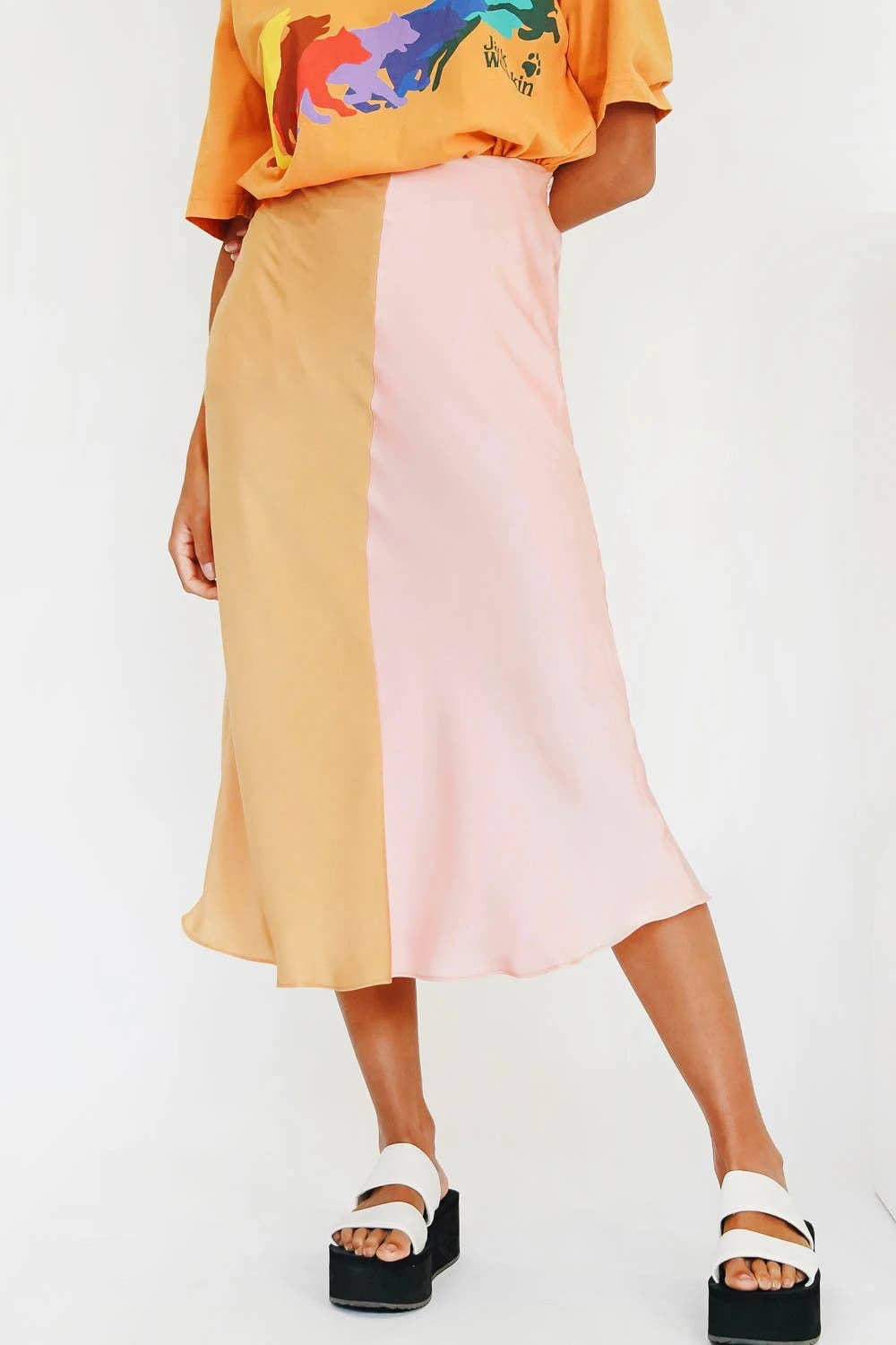 HIGH WAIST SATIN FISHTAIL COLOR BLOCK MIDI SKIRT