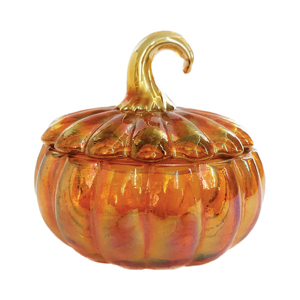 RECYCLED GLASS PUMPKIN SHAPED JAR W/ LID, IRIDESCENT ORANGE COLOR