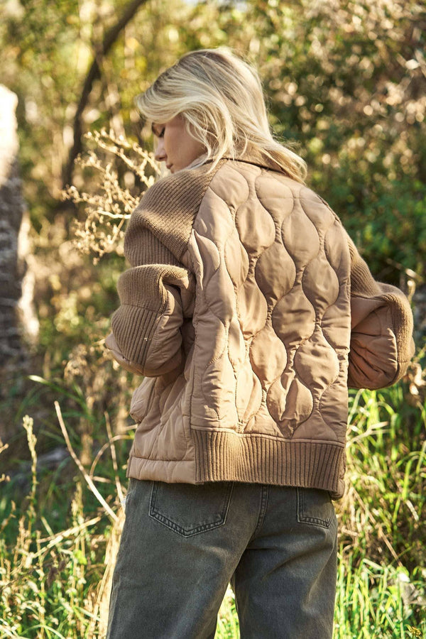 MOCHA RIBBED SWEATER JACKET WITH QUILTED DETAIL