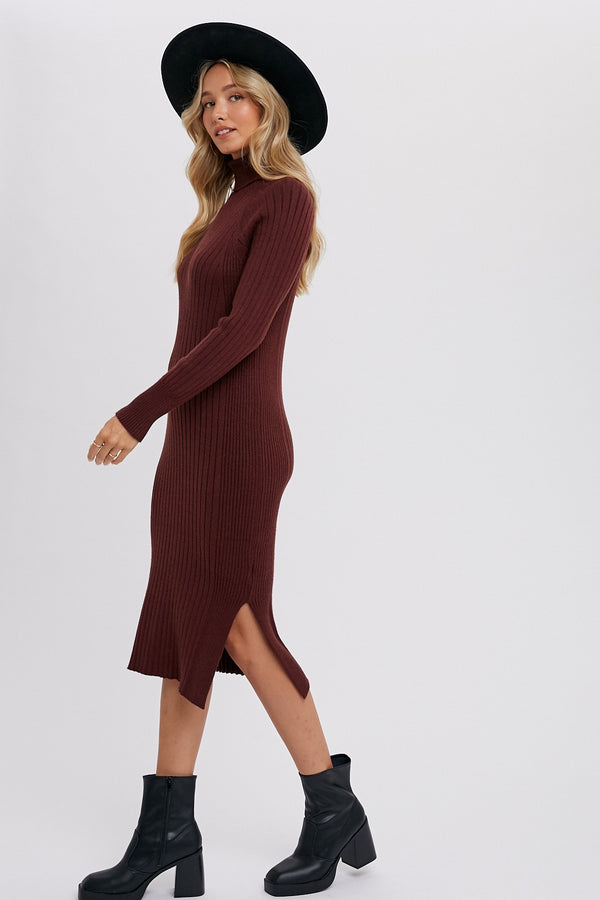 TURTLENECK RIBBED SWEATER MIDI DRESS