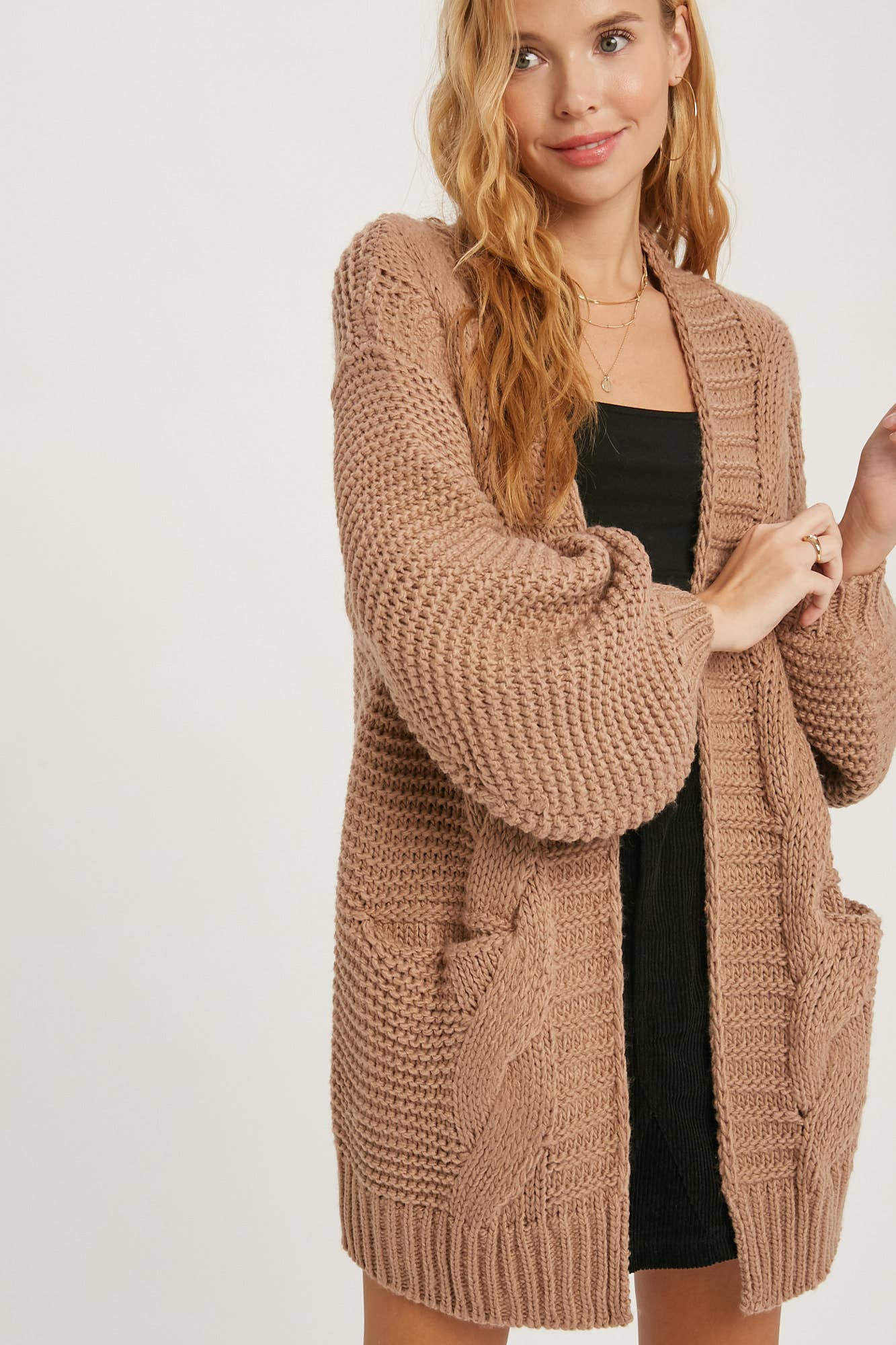 CHUNKY CABLE LANTERN SLEEVE CARDIGAN