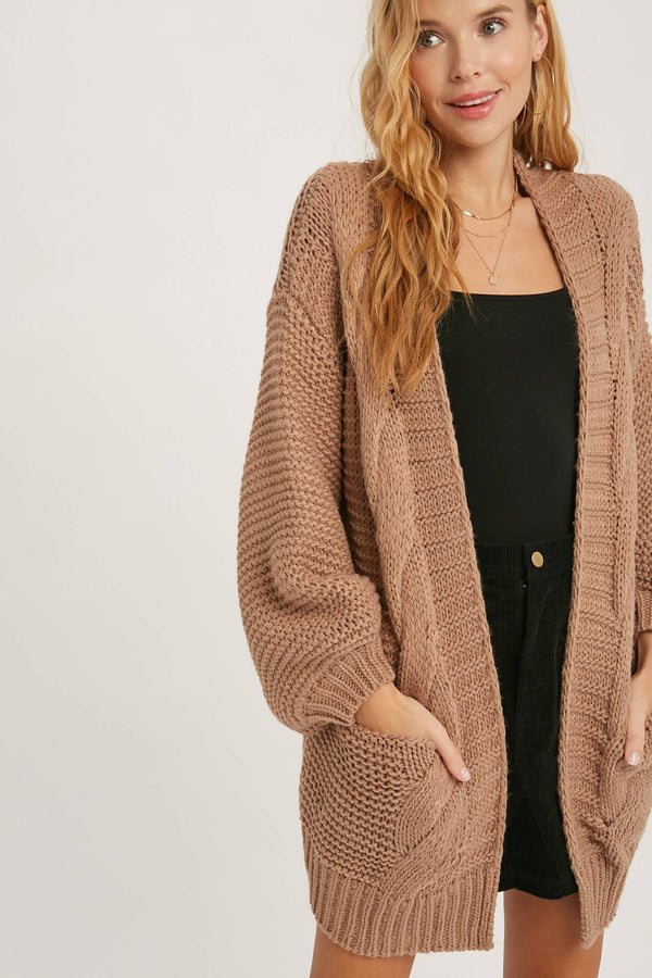 CHUNKY CABLE LANTERN SLEEVE CARDIGAN