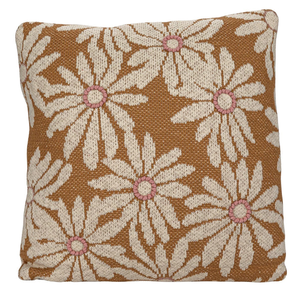 SQUARE COTTON KNIT PILLOW EMBROIDERED FLOWERS