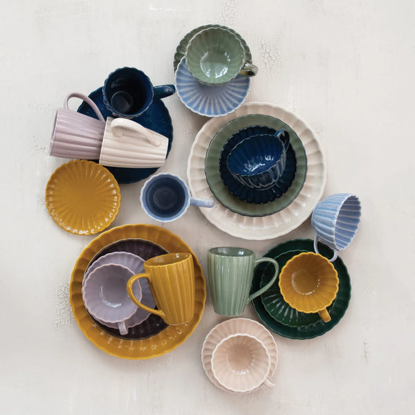 10 OZ. STONEWARE RIBBED MUG W/ SAUCER, REACTIVE GLAZE