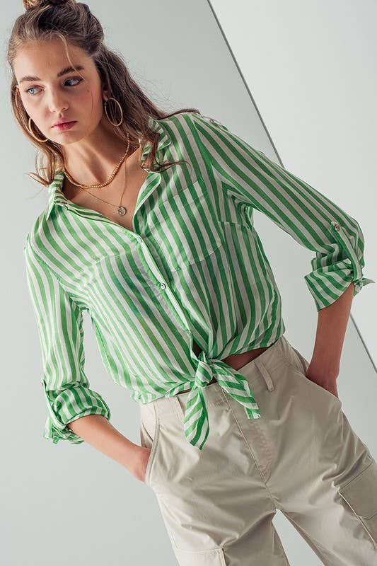 COLLAR HEM TIE STRIPE SHIRT GREEN APPLE