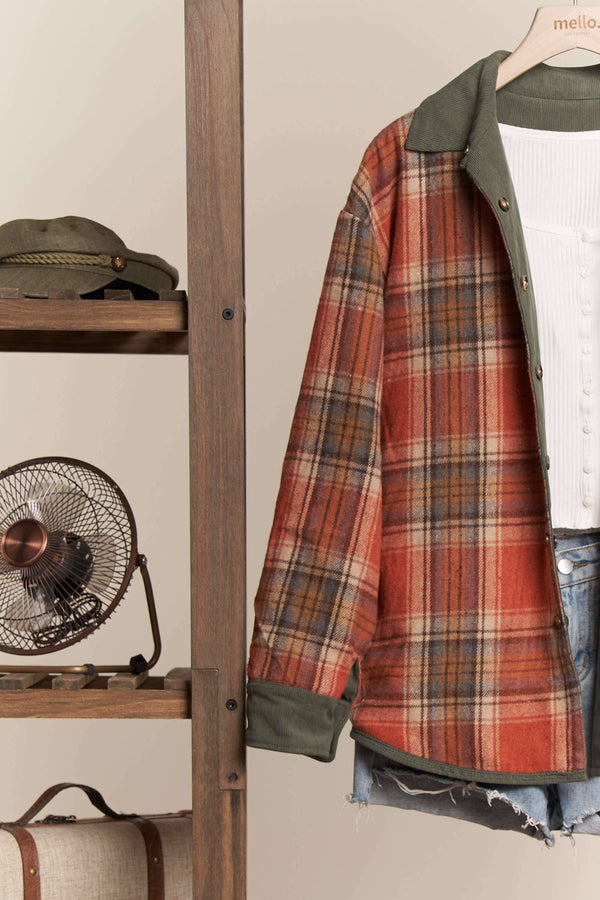 RUST/OLIVE REVERSIBLE CORDUROY AND PLAID SHIRT