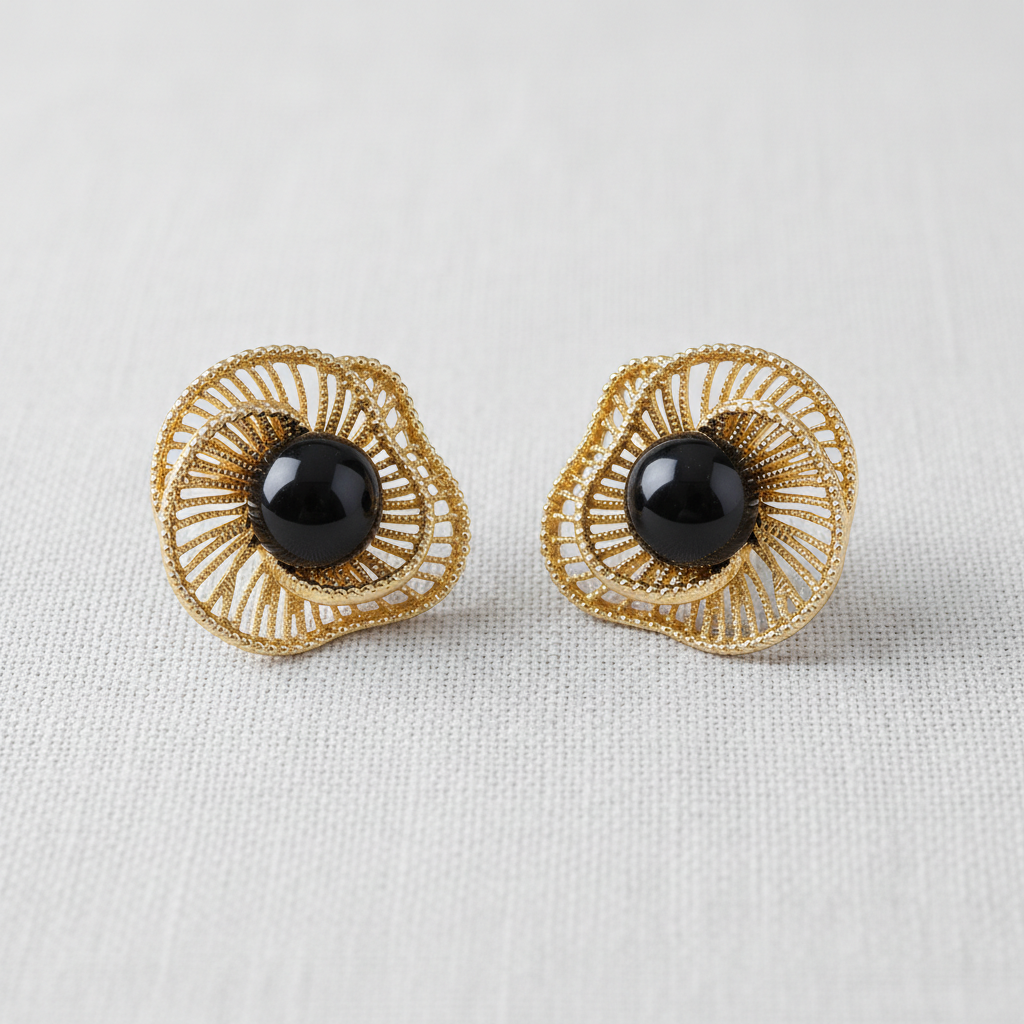 VINTAGE FILIGREE FLORAL TIGER'S EYE STUD EARRINGS