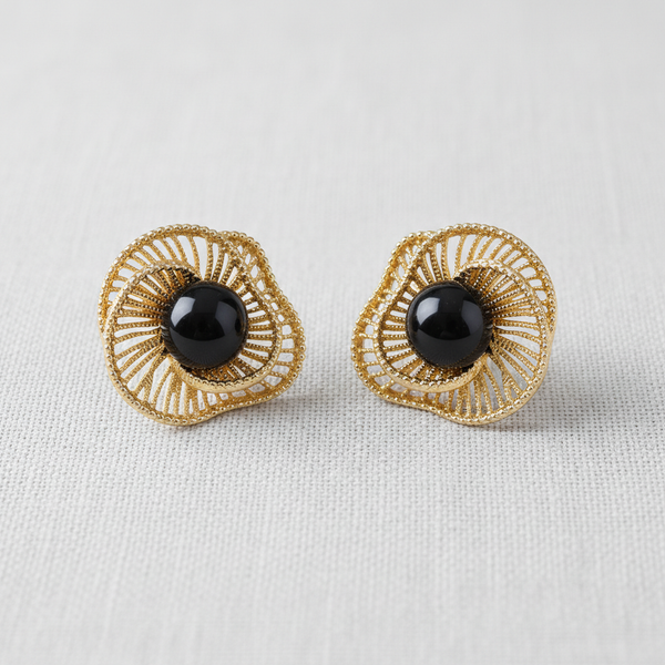 VINTAGE FILIGREE FLORAL TIGER'S EYE STUD EARRINGS