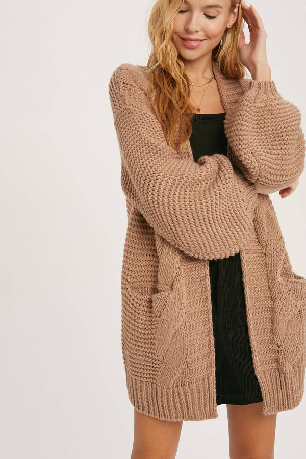 CHUNKY CABLE LANTERN SLEEVE CARDIGAN