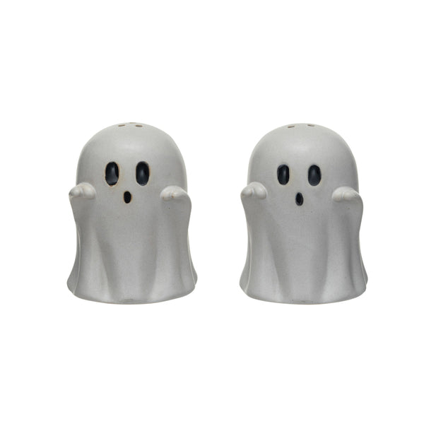 EMBOSSED STONEWARE GHOST SHAPED SALT & PEPPER SHAKERS, SET OF 2