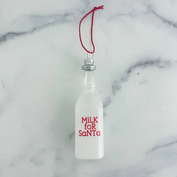 GLASS MILK BOTTLE ORNAMENT "MILK FOR SANTA", WHITE & RED