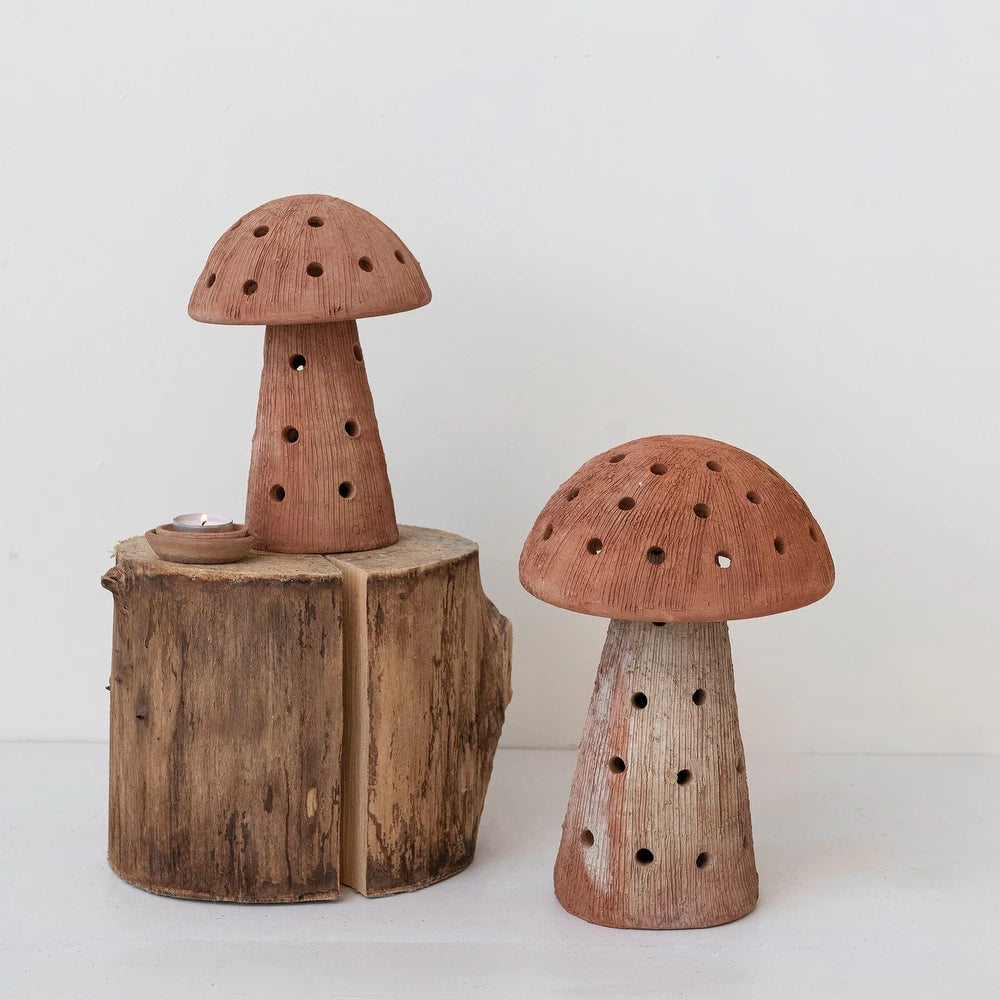 HANDMADE VINTAGE REPRODUCTION TERRA-COTTA MUSHROOM VOTIVE HOLDER (EACH ONE WILL VARY)