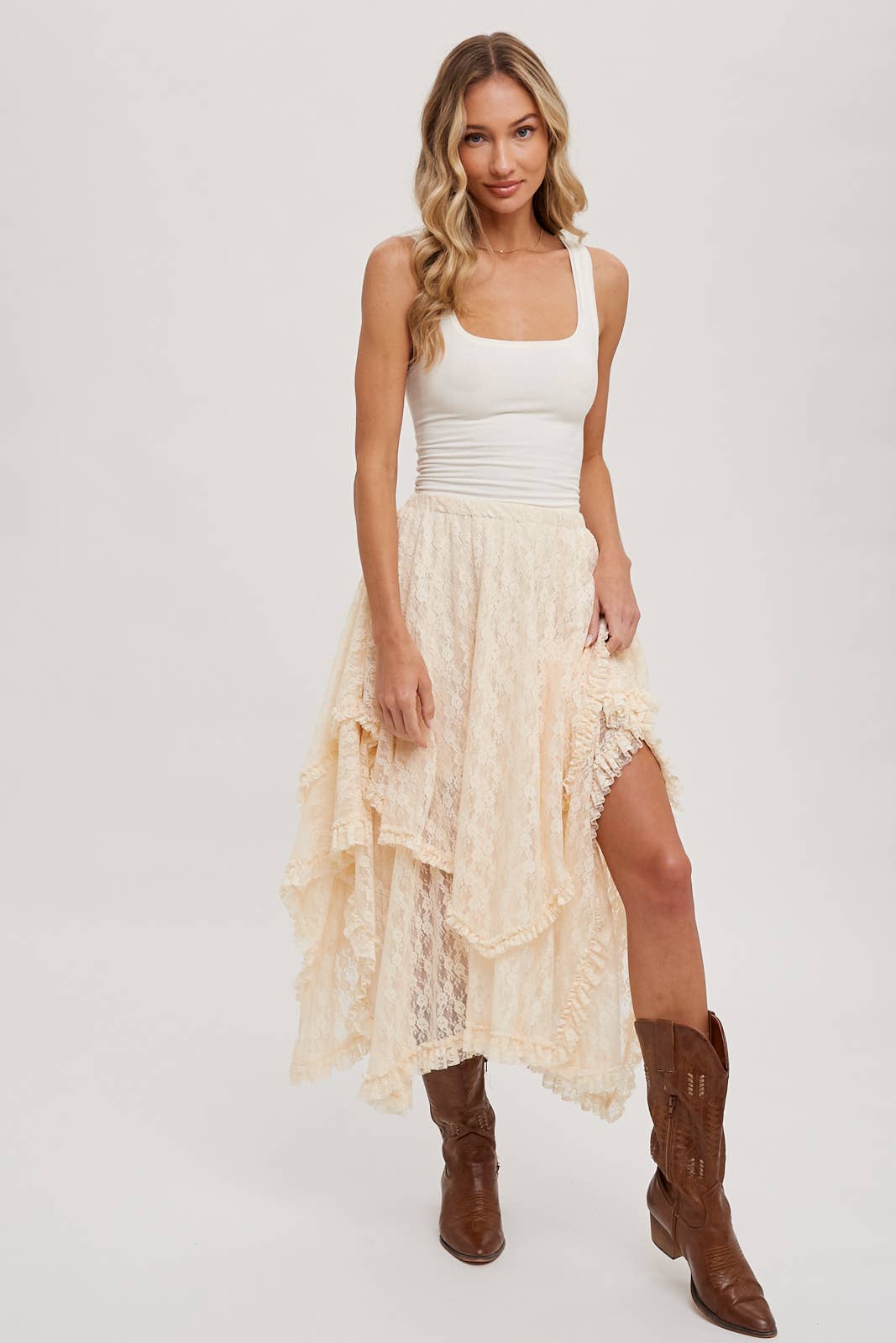 LACE TIERED MIDI SKIRT