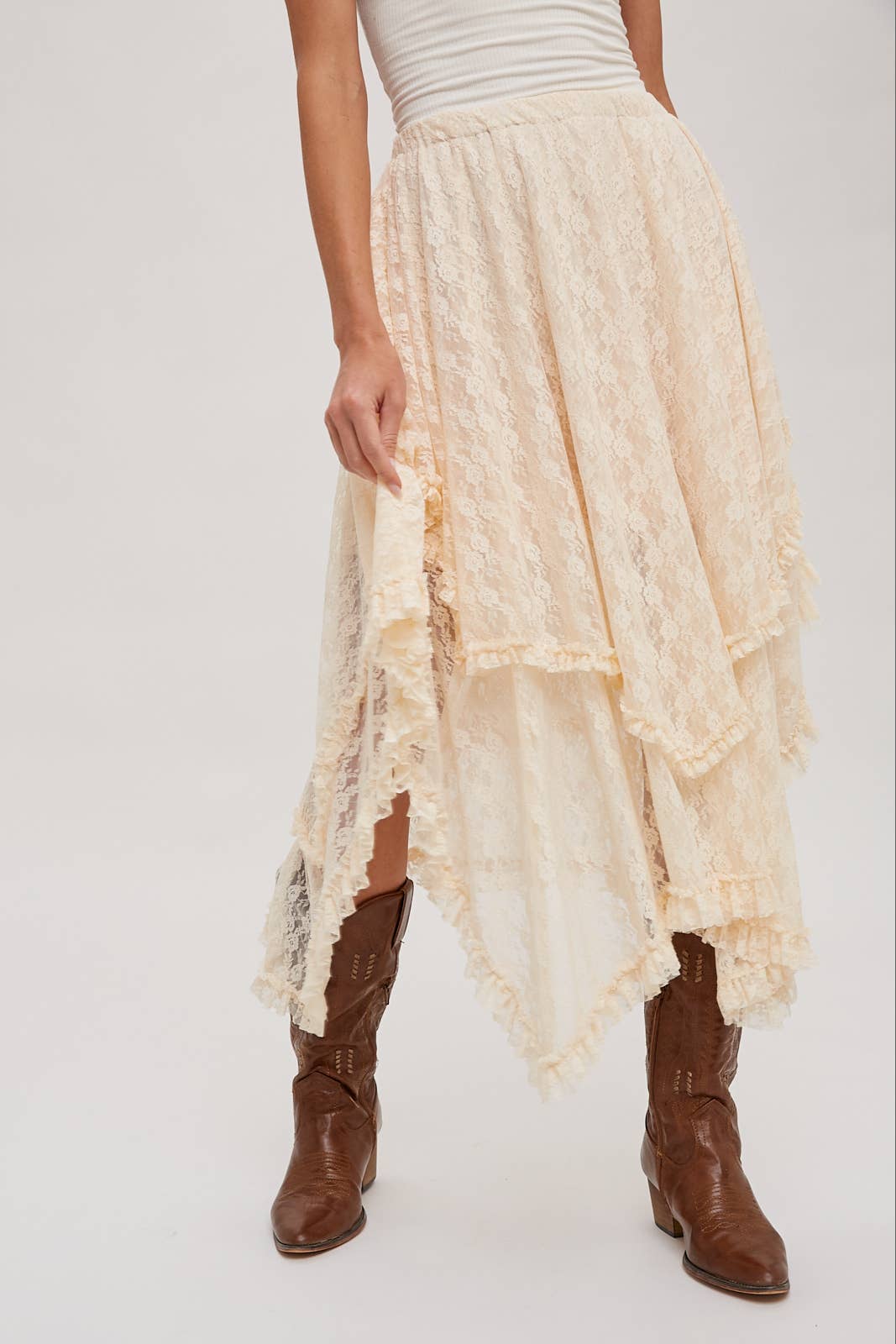 LACE TIERED MIDI SKIRT