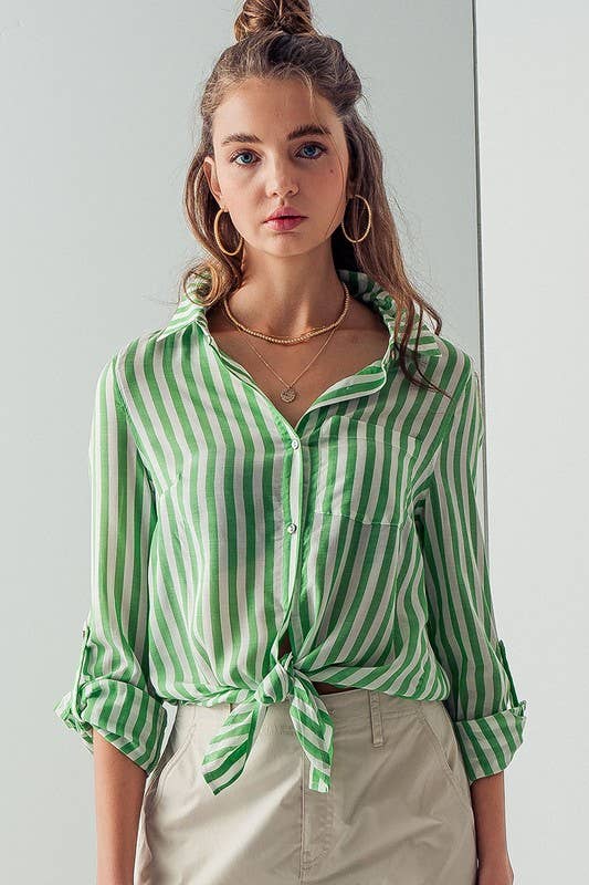 COLLAR HEM TIE STRIPE SHIRT GREEN APPLE