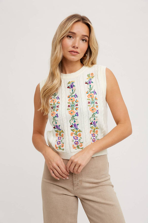 EMBROIDERED SLEEVELESS KNIT TANK TOP