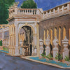 An impressionistic painting of an outdoor architectural scene featuring a colonnade with white balustrades, arched windows, a central archway, and a blue sky above.