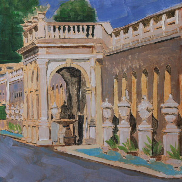 An impressionistic painting of an outdoor architectural scene featuring a colonnade with white balustrades, arched windows, a central archway, and a blue sky above.