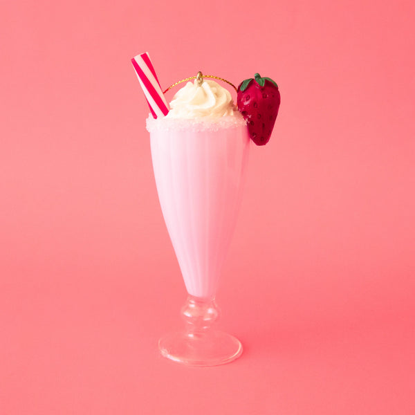 GLASS MILKSHAKE W/ STRAW ORNAMENT, PINK & WHITE