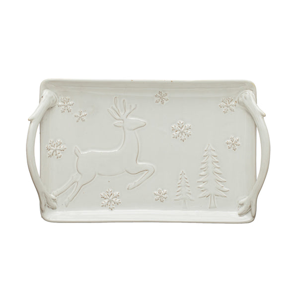 DEBOSSED STONEWARE TRAY W/ DEER, SNOWFLAKES& TREES, REACTIVE GLAZE