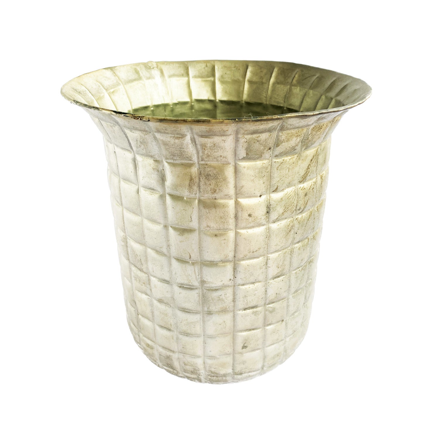 DEBOSSED METAL PLANTER W/ GRID PATTERN, DISTRESSED PEWTER FINISH (HOLDS 7