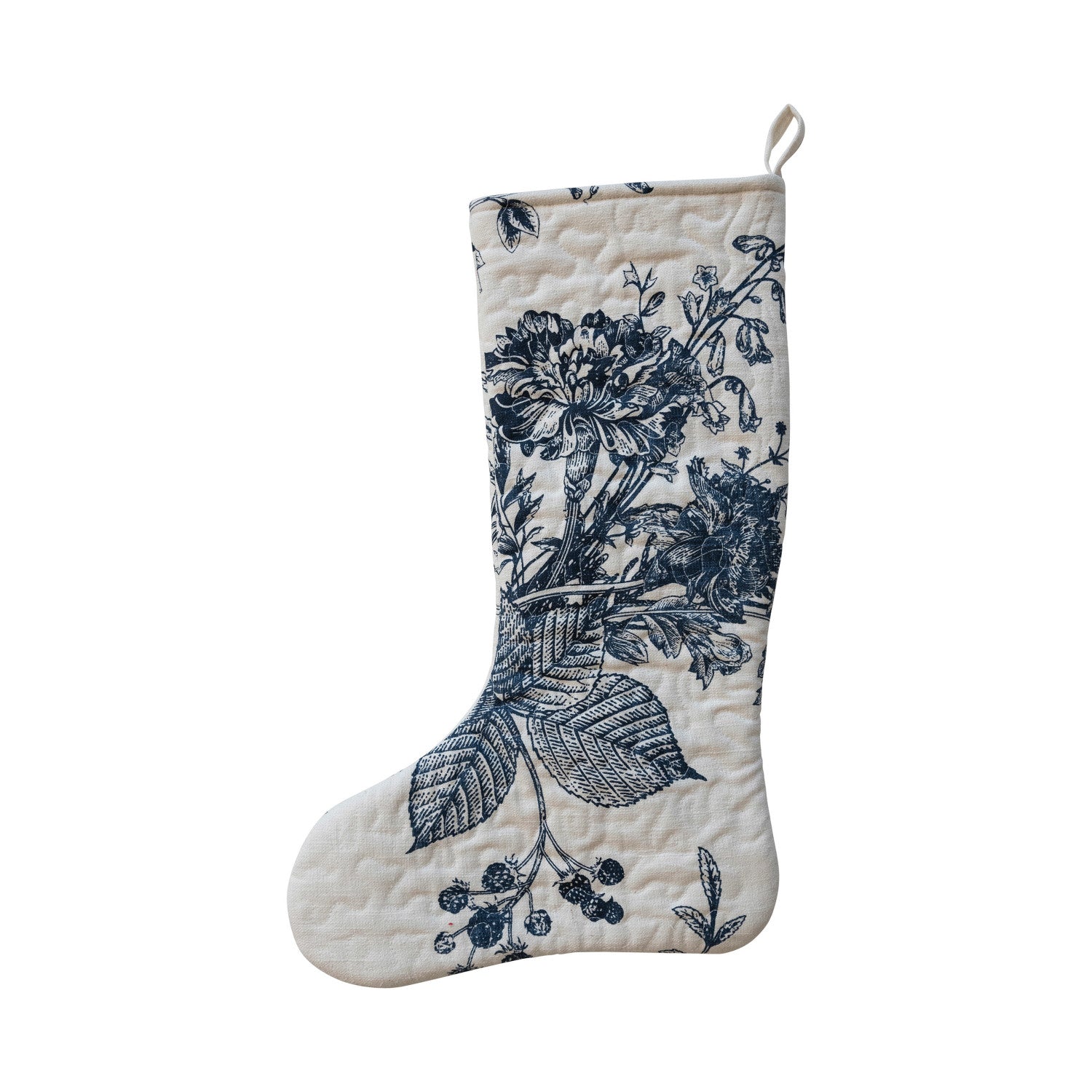 QUILTED COTT\ON PRINTED STOCKING W/ BOTANICAL PRINT, WHITE & BLUE