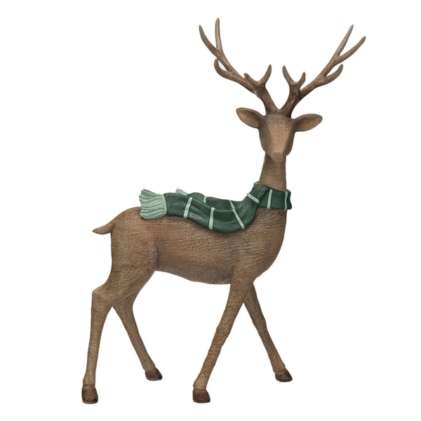 RESIN STANDING DEER W/ SCARF, WOOD FINISH, BROWN & GREEN