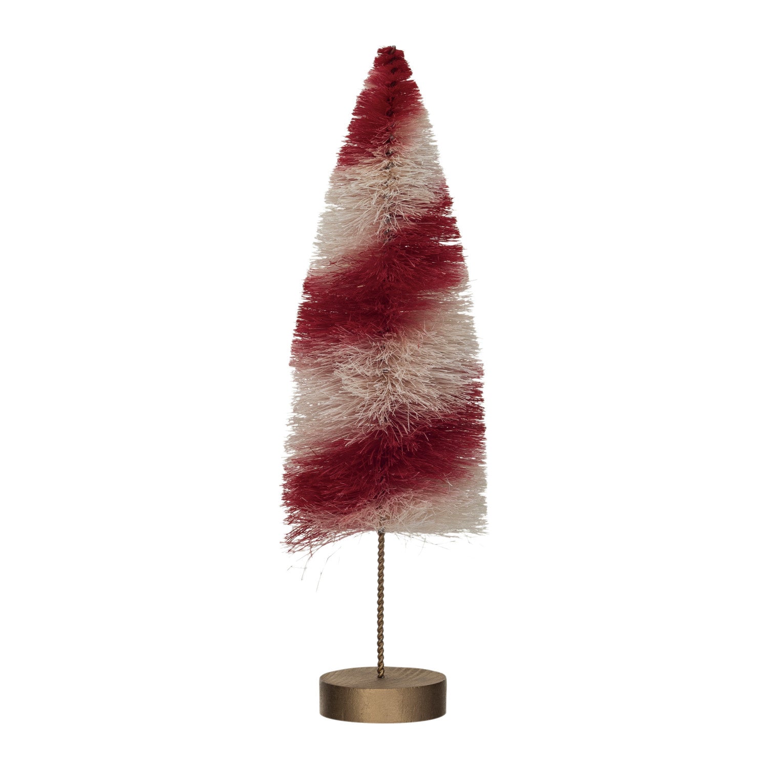 SISAL BOTTLE BRUSH SWIRLED TREE W/ WOOD BASE, RED & CREAM COLOR