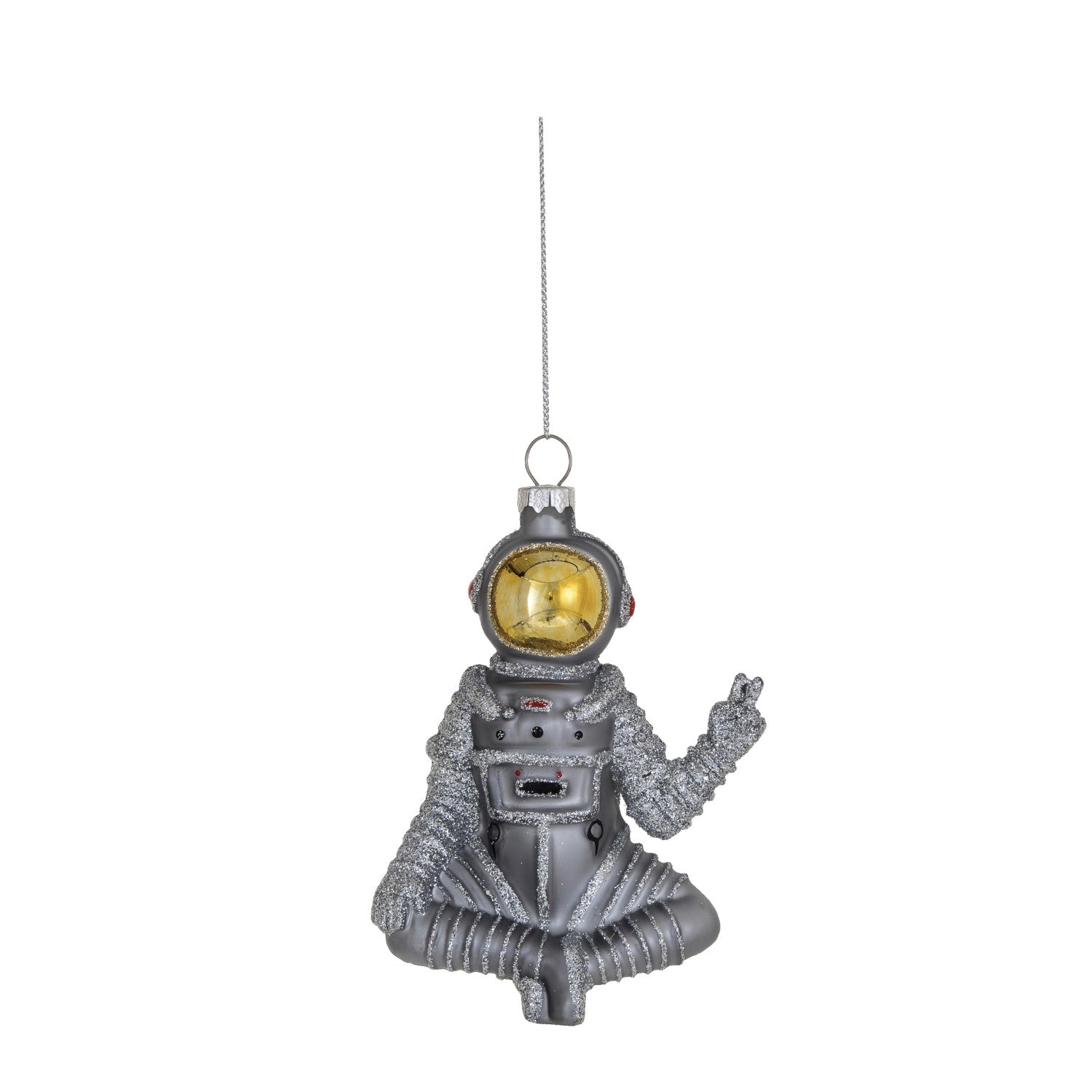 GLASS SITTING ASTRONAUT ORNAMENT W/ PEACE SIGN & GLITTER, SILVER & GOLD FINISH