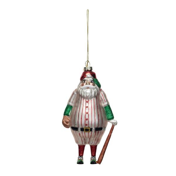 GLASS SANTA IN BASEBALL OUTFIT ORNAMENT W/ BAT & GLITTER, MULTI COLOR